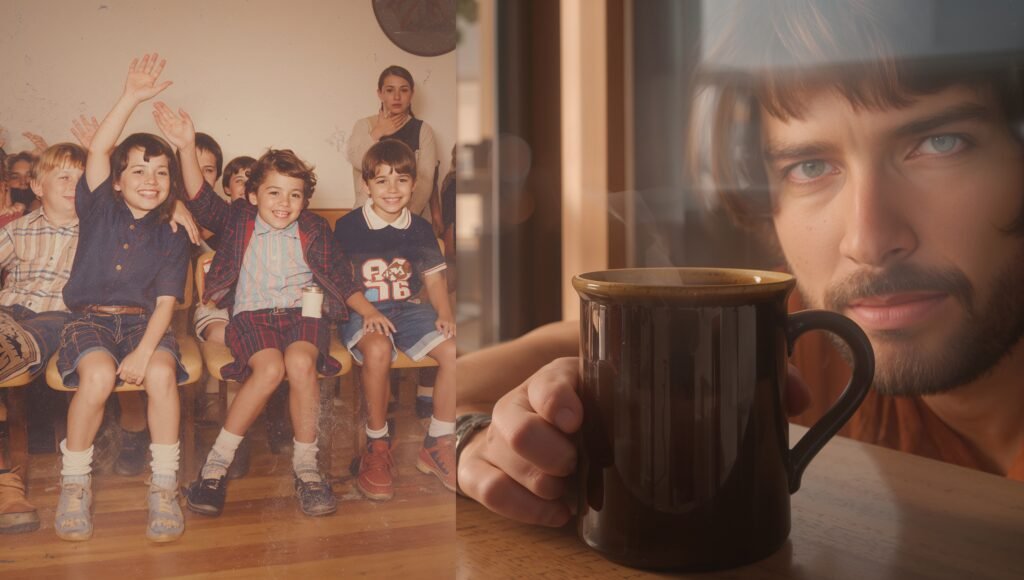 A split image showing a faded kindergarten photo of an eager child next to an adult's hand holding it on a kitchen counter, reflecting on the loss and potential reclamation of creative courage.