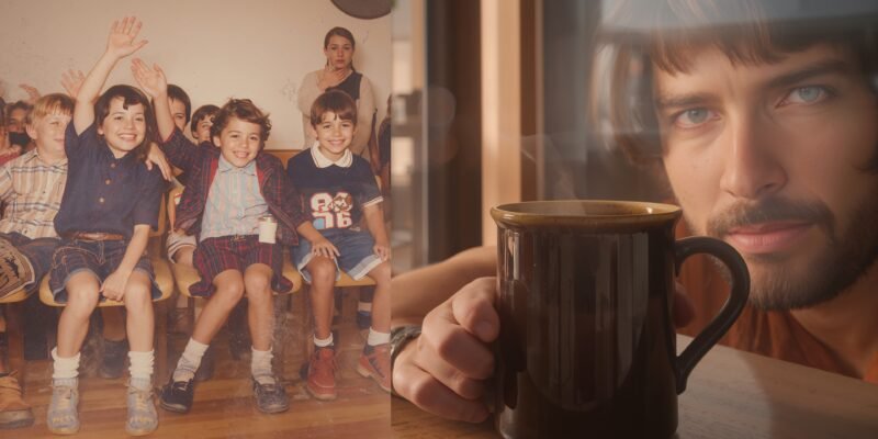A split image showing a faded kindergarten photo of an eager child next to an adult's hand holding it on a kitchen counter, reflecting on the loss and potential reclamation of creative courage.