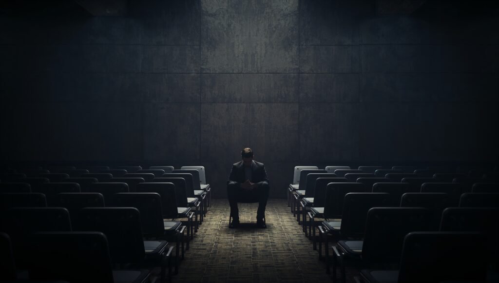 A person sitting alone in a workplace meeting, symbolizing the burden of representation and why diversity in the workplace matters