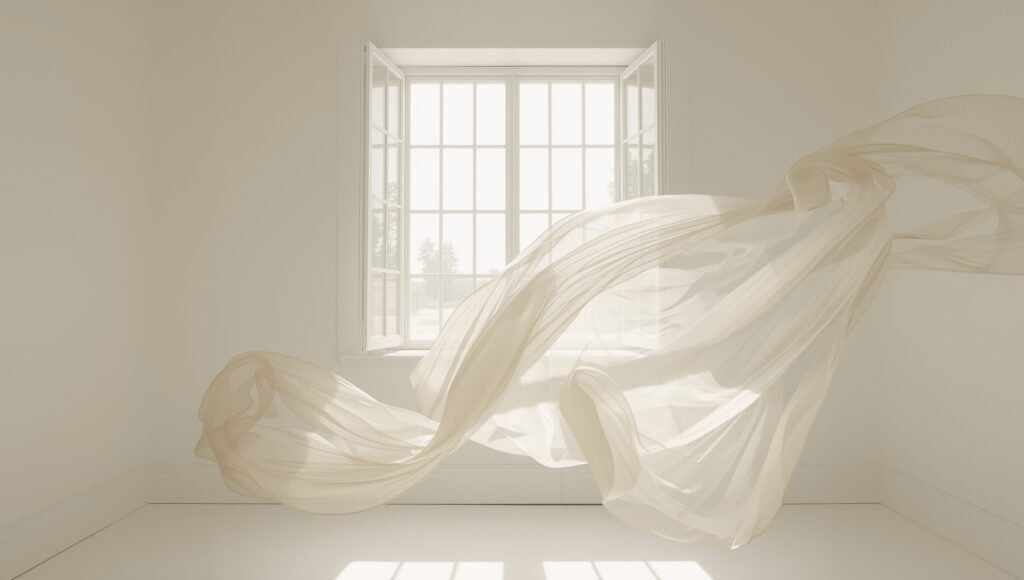 Bright room with open window, airy fabric floating — how to declutter clothes