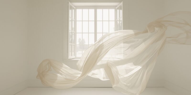 Sunlit room with open window, airy fabric floating — how to declutter clothes