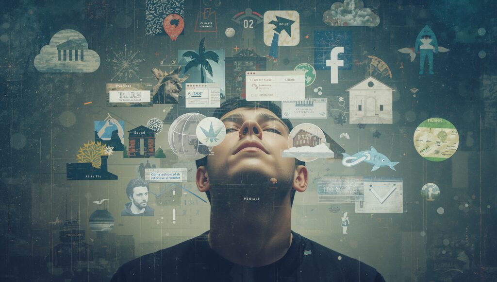 Illustration of a person stressed by social media notifications, representing the pressure to form instant opinions on complex topics like climate change, politics, and economics.