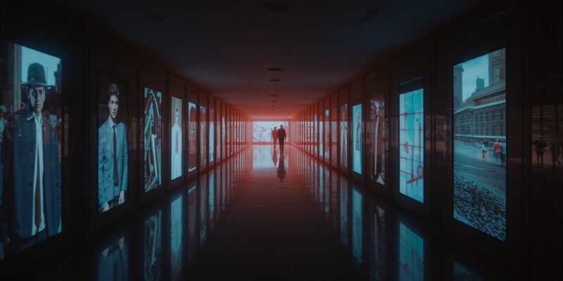 Endless museum corridor made of glowing phone screens.
