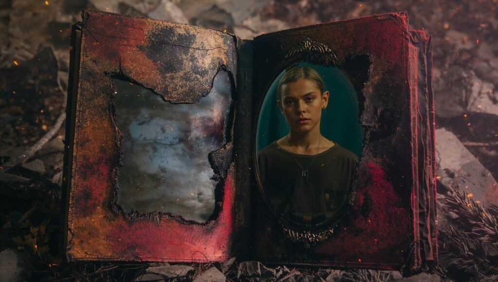 A burned fairy-tale turning into a mirror where a person stands alone, ready for self-rescue.