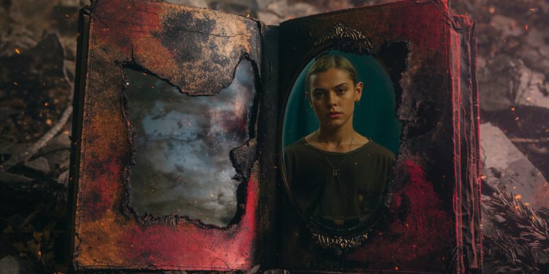 A burned fairy-tale turning into a mirror where a person stands alone, ready for self-rescue.