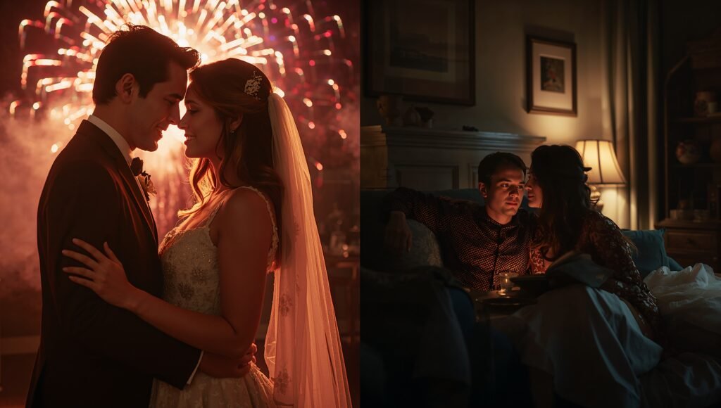 Two newlyweds in ordinary light discovering small habits—tea, songs, books—symbolizing low expectations and growing companionate love.