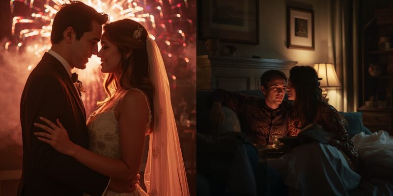 Two newlyweds in ordinary light discovering small habits—tea, songs, books—symbolizing low expectations and growing companionate love.