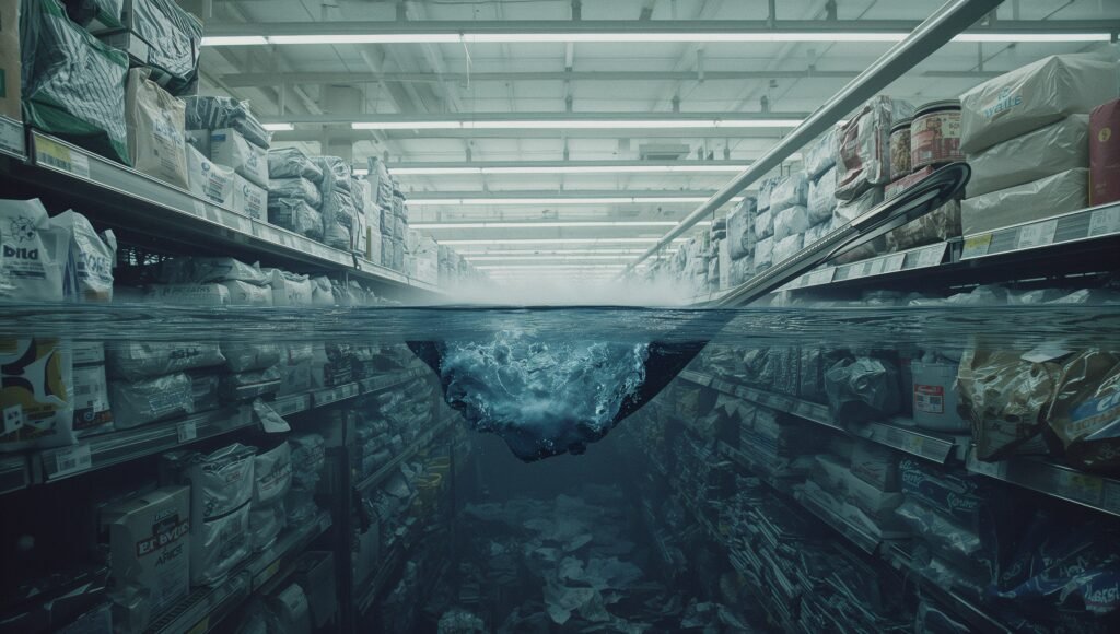 Surreal scene: a teaspoon trying to empty a swelling ocean inside a supermarket aisle made of plastic packaging—metaphor for climate anxiety.