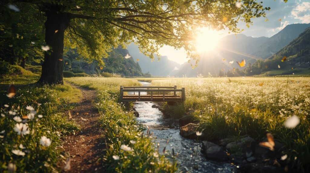Sunlit meadow footbridge over a small stream—a bright nature scene symbolizing the path from intention to outcome.