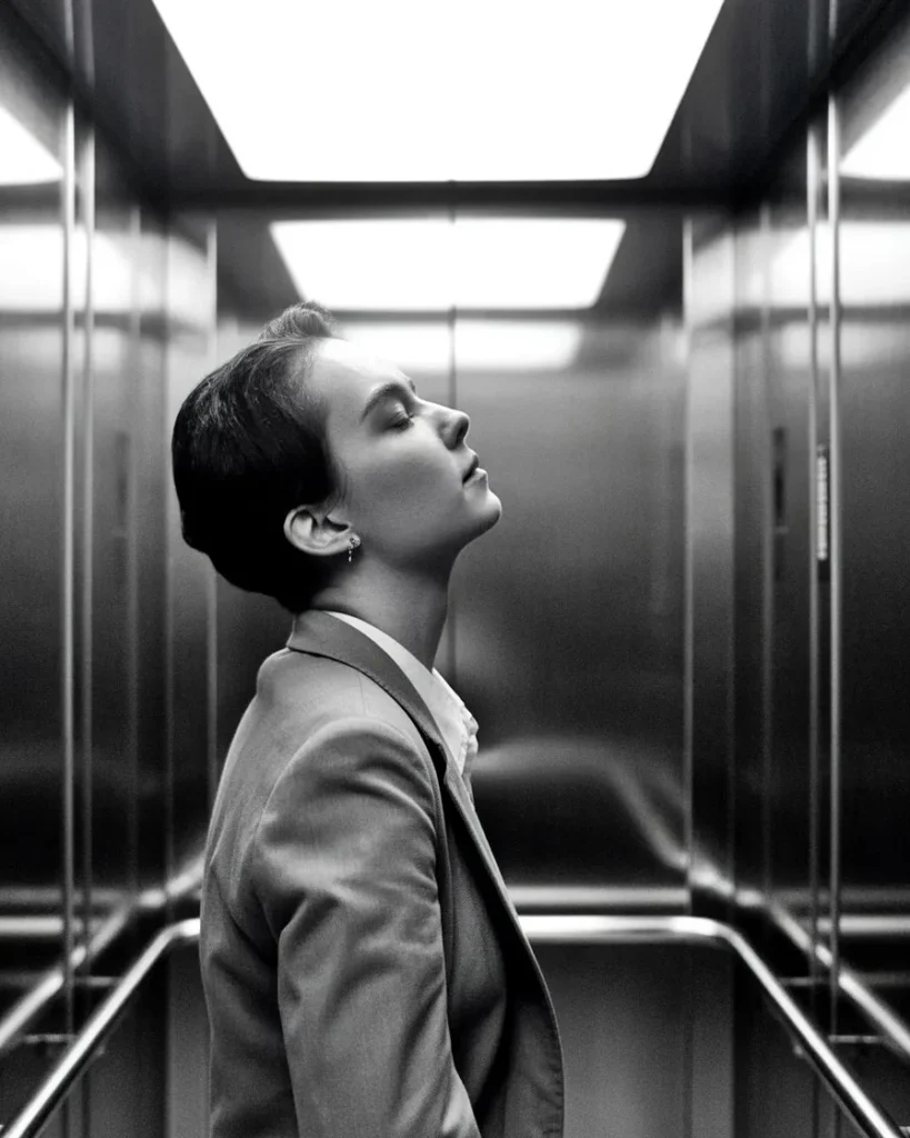 A relaxed professional in an elevator illustrating the concept of be yourself and dropping the social mask to find the authentic self.