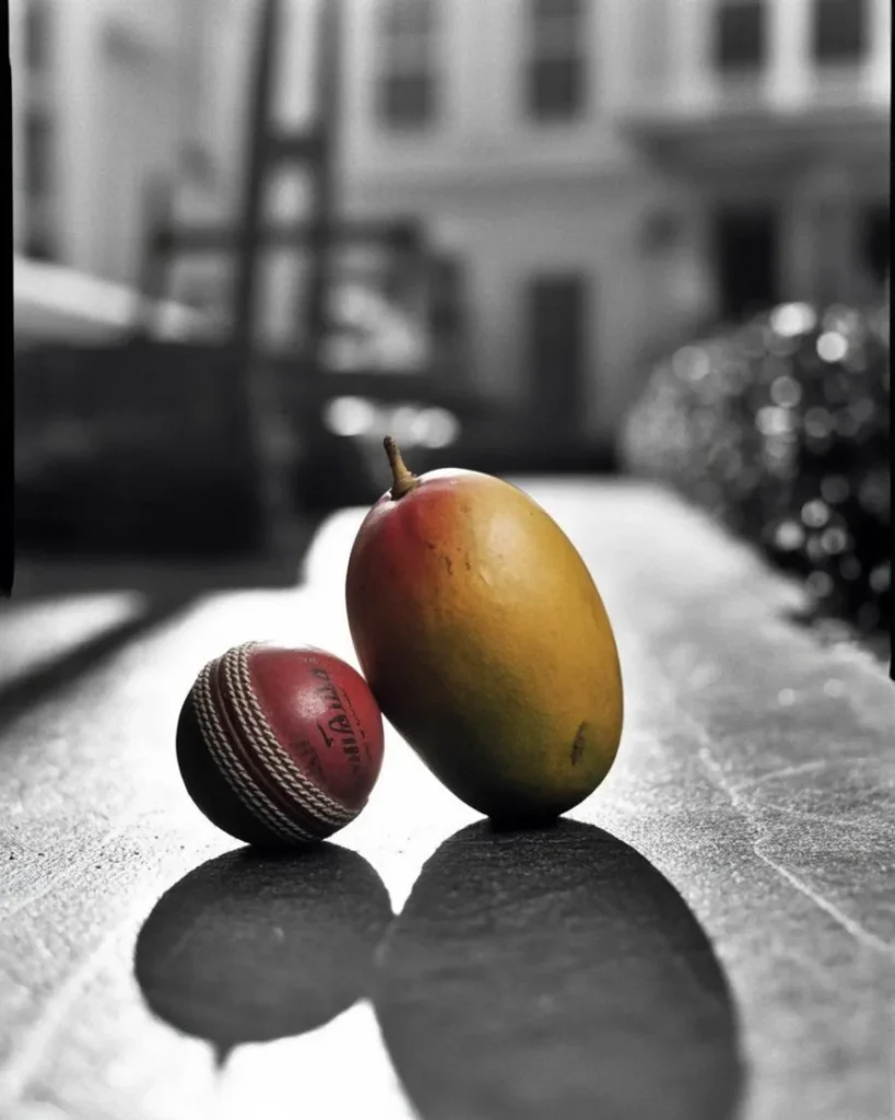 Childhood nostalgia represented by a mango and cricket ball evoking summer memories and innocent days of the past.