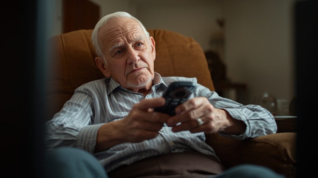 Elderly father sitting in armchair struggling with TV remote control, hands trembling slightly