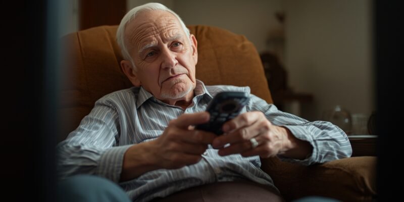 Elderly father sitting in armchair struggling with TV remote control, hands trembling slightly