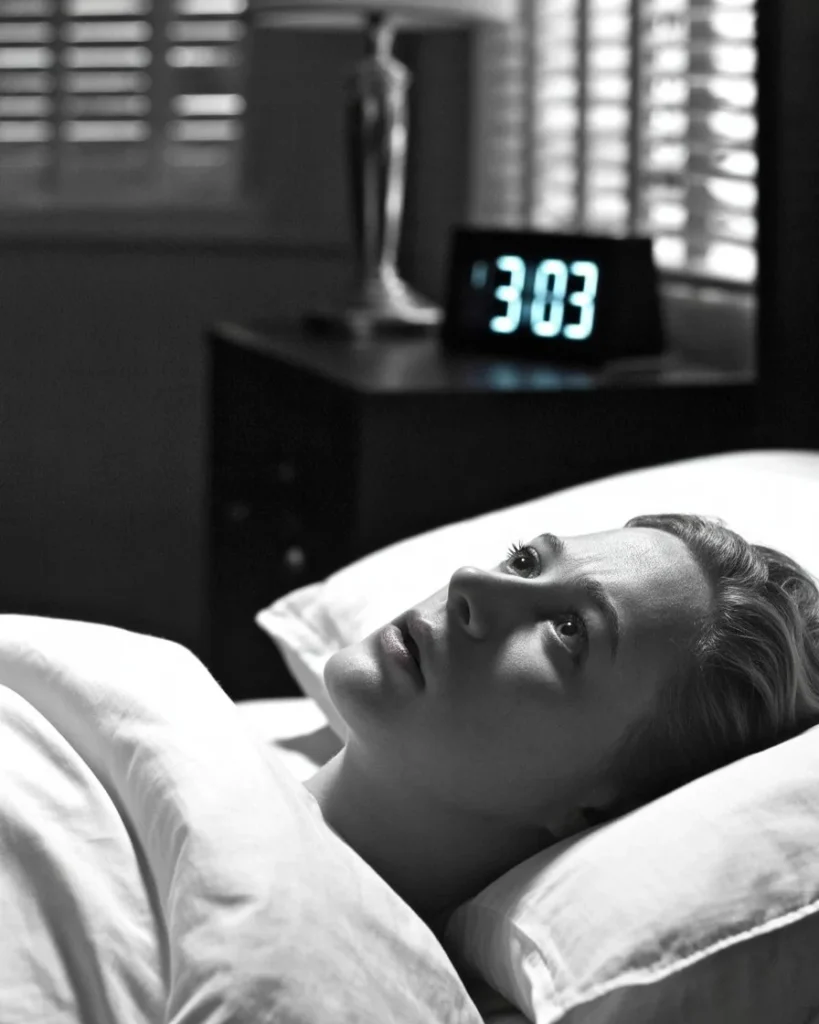 A sleepless person lying in bed at 3 AM experiencing sleep anxiety and a racing mind, illustrating how to stop overthinking at night.
