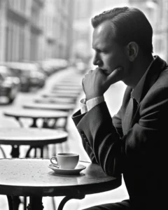 A thoughtful man facing love addiction sitting alone in a cafe, reflecting on love addiction symptoms.