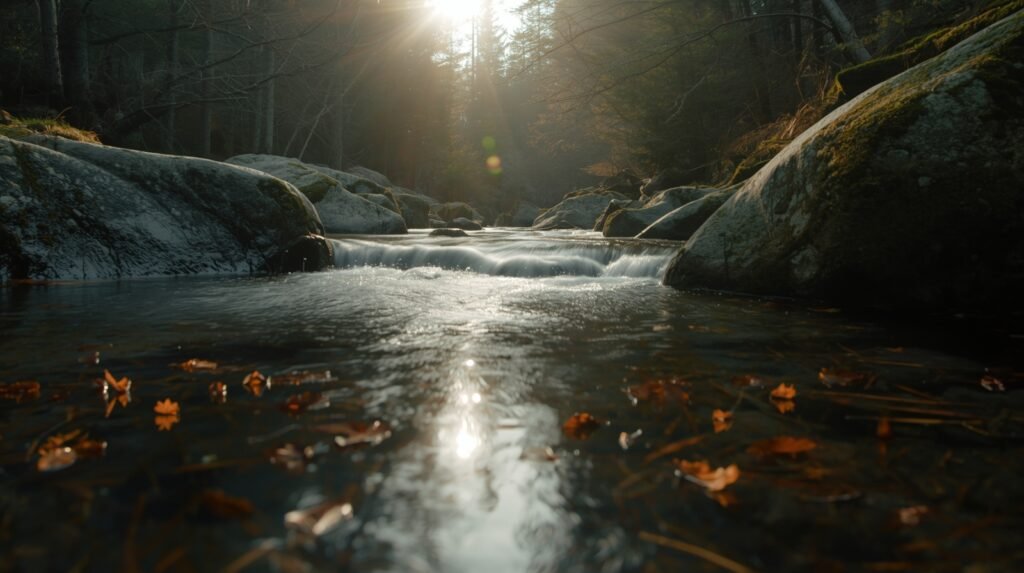 Forest stream at golden hour with silky water and mossy stones — metaphor for why do we miss someone: people change, places stay.