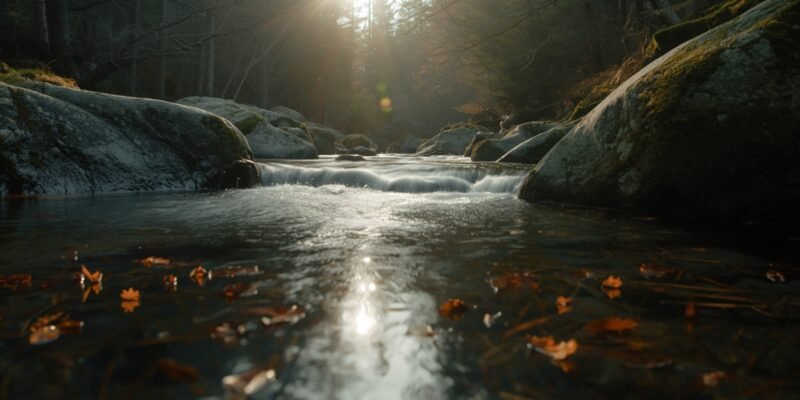 Forest stream at golden hour with silky water and mossy stones — metaphor for why do we miss someone: people change, places stay.