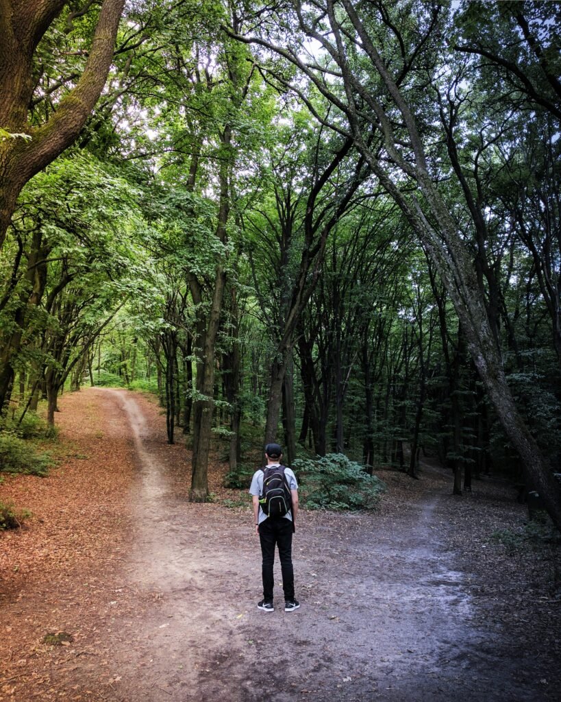 A person at a crossroads contemplating life purpose and direction.