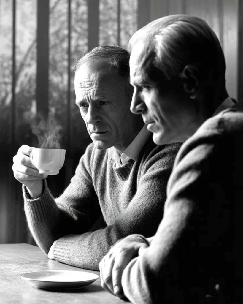 Two older men sitting in a quiet kitchen, navigating the loss and grieving process and a deep spiritual struggle together, with natural light and monochrome tones.