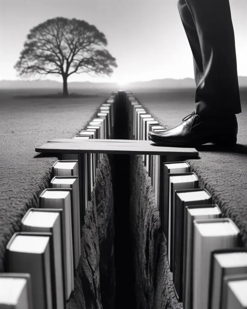 A powerful metaphorical image about the courage required to bridge the gap between knowing how to apologize and actually doing it, representing the journey from theoretical relationship advice to the vulnerable act of ending family estrangement.