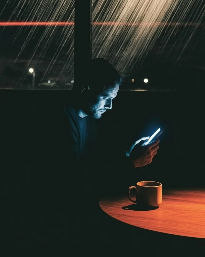 A solitary man illuminated by a phone screen late at night, contemplating how to disappear from the internet completely and the weight of his permanent digital footprint.