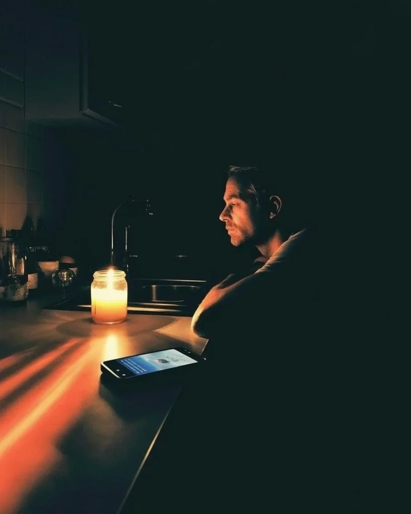 Man sitting in candlelight with phone face down, illustrating how to stop checking phone constantly and finding mental clarity through quiet reflection.