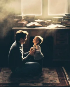 A father shares a genuine moment of connection with his young child in a sunlit room, ignoring piles of theological study books in the background, illustrating the idea that love is more important than religion and embodying simple faith.