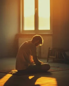 A candid photograph of a person sitting alone by a window in deep contemplation, illustrating the power of silent prayer and spiritual silence.