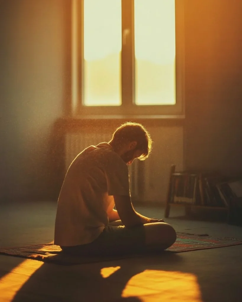 A candid photograph of a person sitting alone by a window in deep contemplation, illustrating the power of silent prayer and spiritual silence.