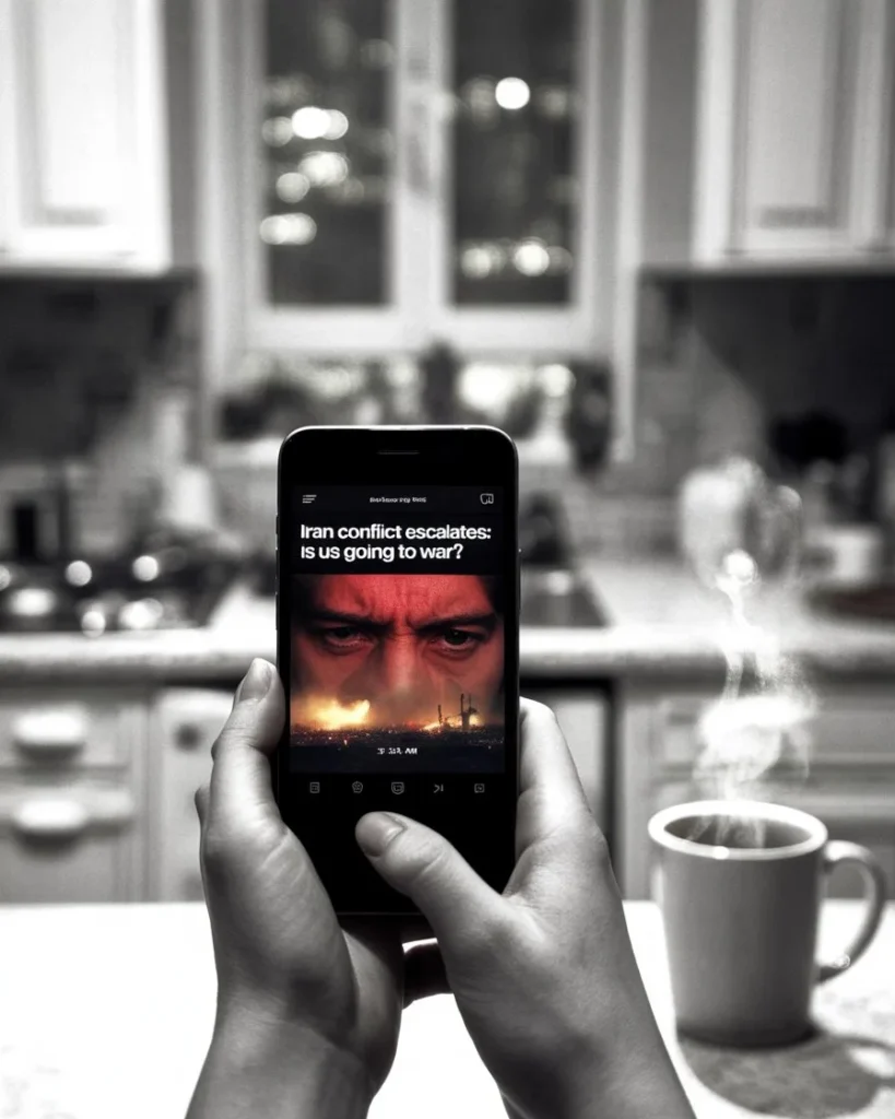 A man sitting alone reading iran war update news on his phone at dawn, reflecting on is america going to war with iran and the us and iran war