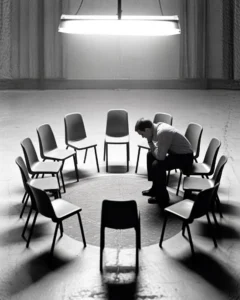 A man sits quietly in a plastic chair at a love addiction anonymous meeting, dealing with severe love addiction symptoms.