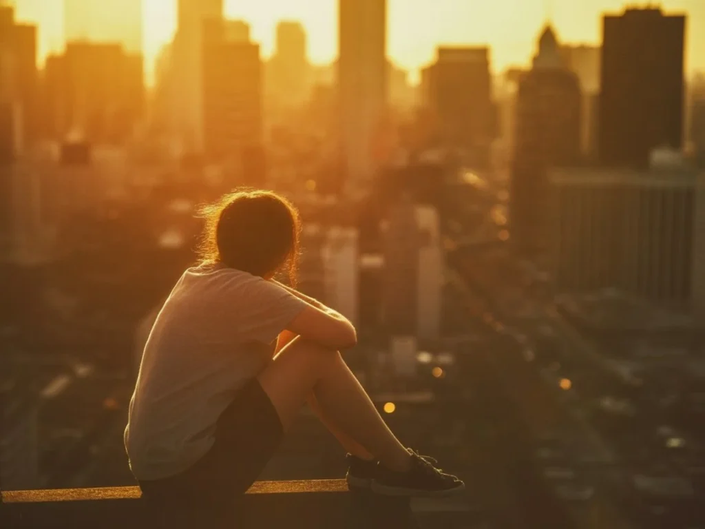 Person sitting alone on rooftop at dusk looking over city lights feeling unresolved grief