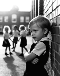 A child standing alone against a school wall — why don't I remember my childhood, childhood nostalgia, and the vivid memories we choose to forget