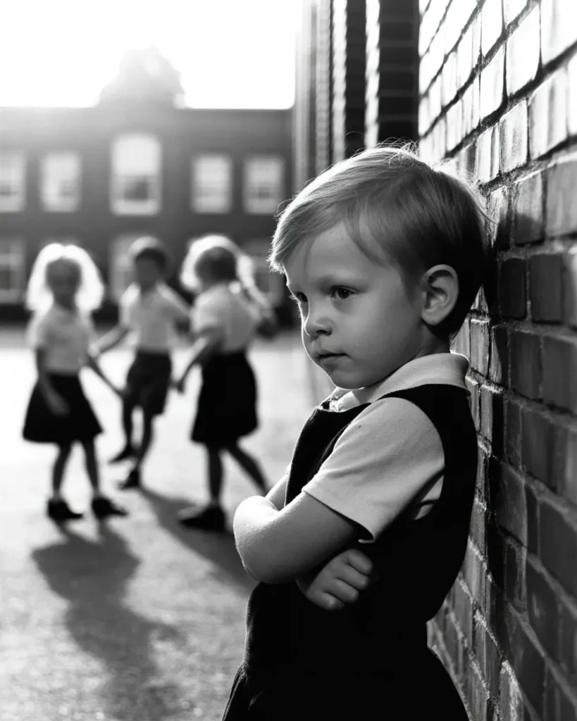 A child standing alone against a school wall — why don't I remember my childhood, childhood nostalgia, and the vivid memories we choose to forget